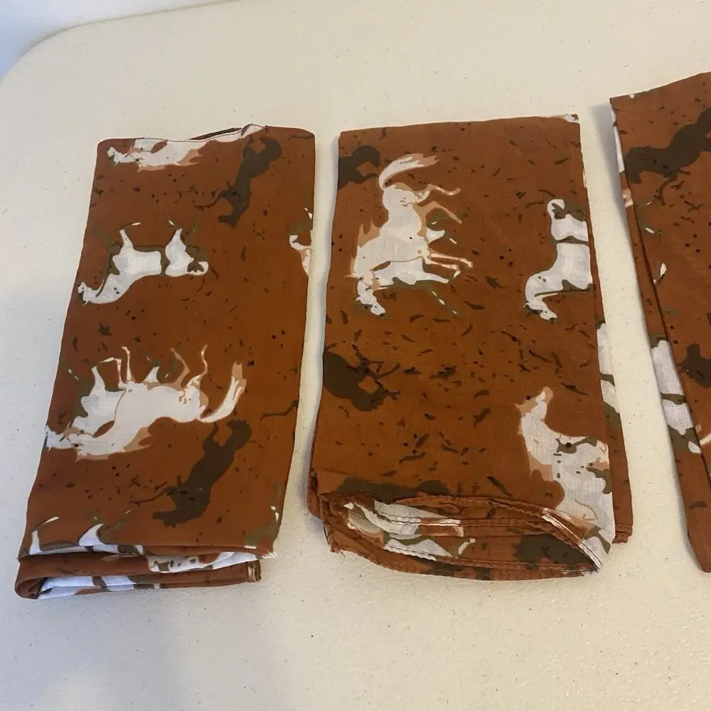 Setof3 Retro VTG Fabric Napkins Brown White Horses Cloth 20” FarmhouseCore